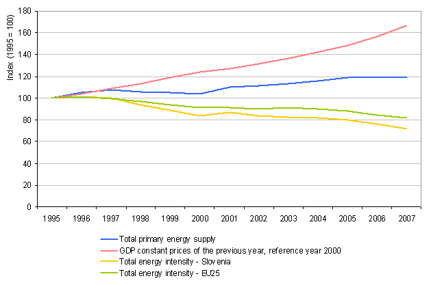The trend of total energy consumption, GDP and total energy intensiveness in the period 1995–2007 relative to 1995 and comparison with the intensity trend in EU-25